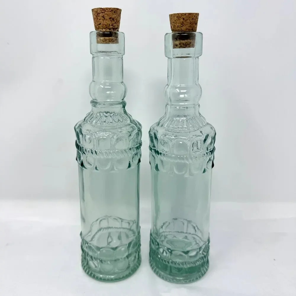 Vintage Green Glass Oil Vinegar Bottles w/ Cork Stoppers Made in Spain Set of 2